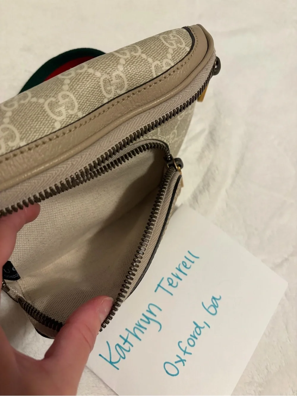 Gucci Tan GG Supreme Canvas Belt Bag with Red and Green Web Strap